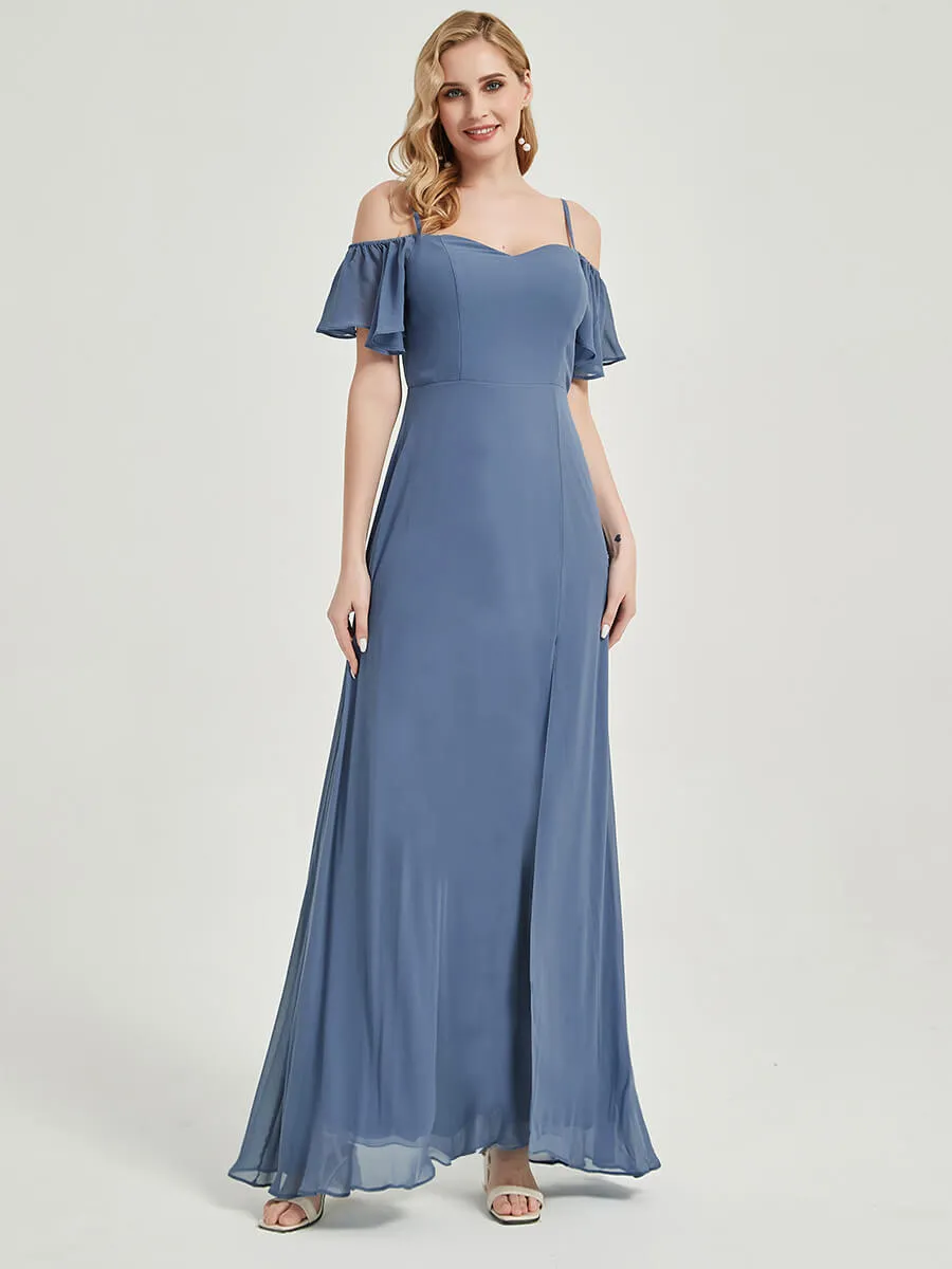 Off-Shoulder Bridal Party Dress Teal A-Line Chiffon Bridesmaid Dress