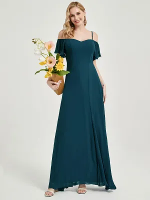Off-Shoulder Bridal Party Dress Teal A-Line Chiffon Bridesmaid Dress