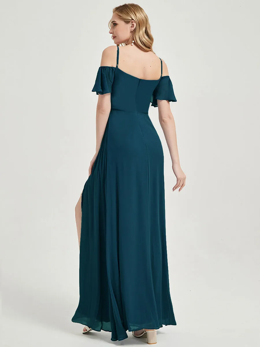 Off-Shoulder Bridal Party Dress Teal A-Line Chiffon Bridesmaid Dress