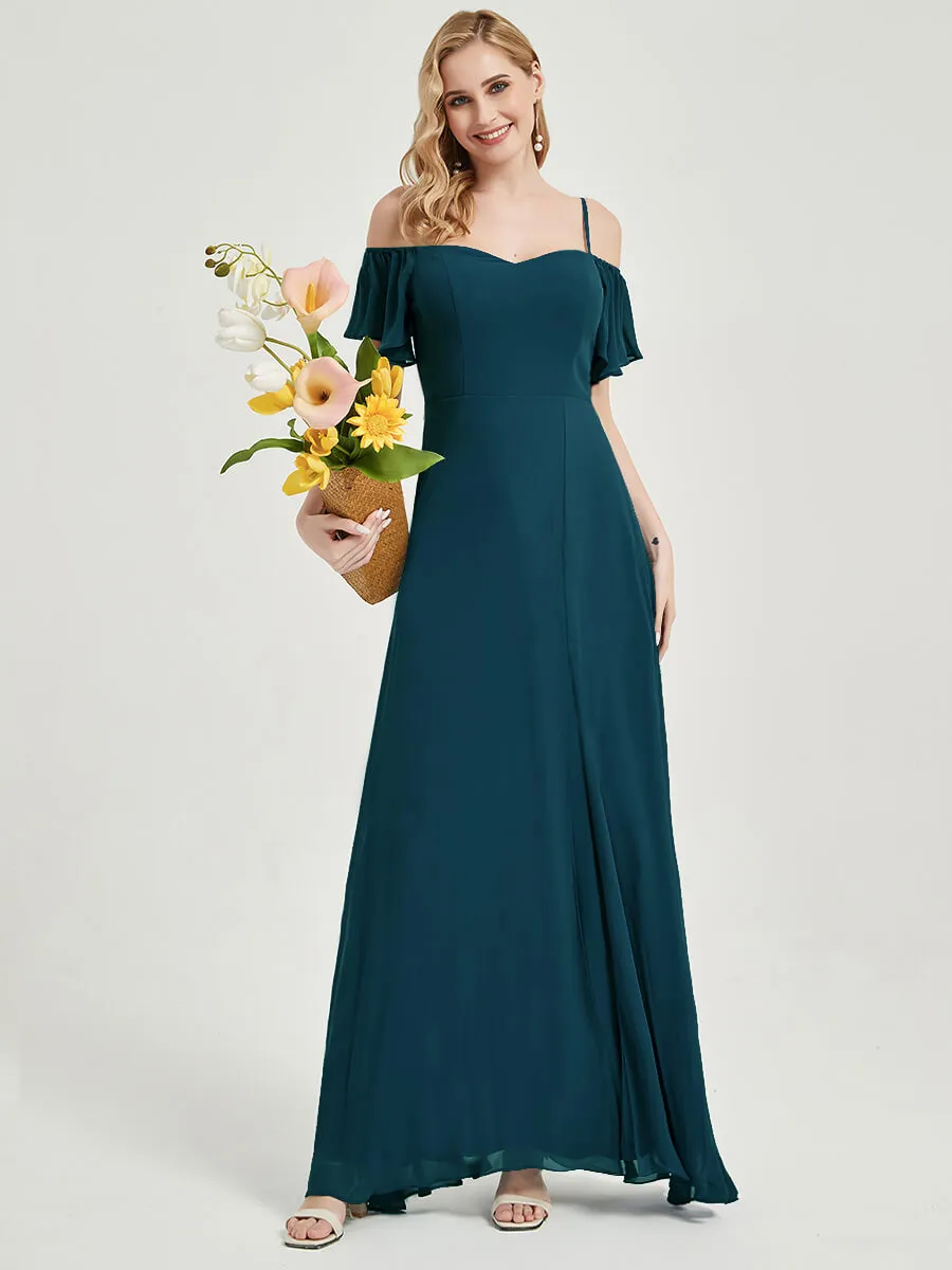 Off-Shoulder Bridal Party Dress Teal A-Line Chiffon Bridesmaid Dress