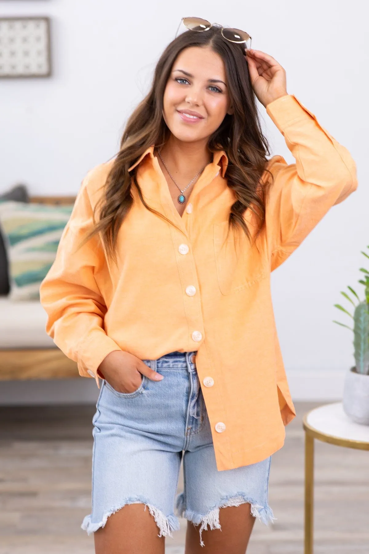 Orange Button Up Top With Pocket