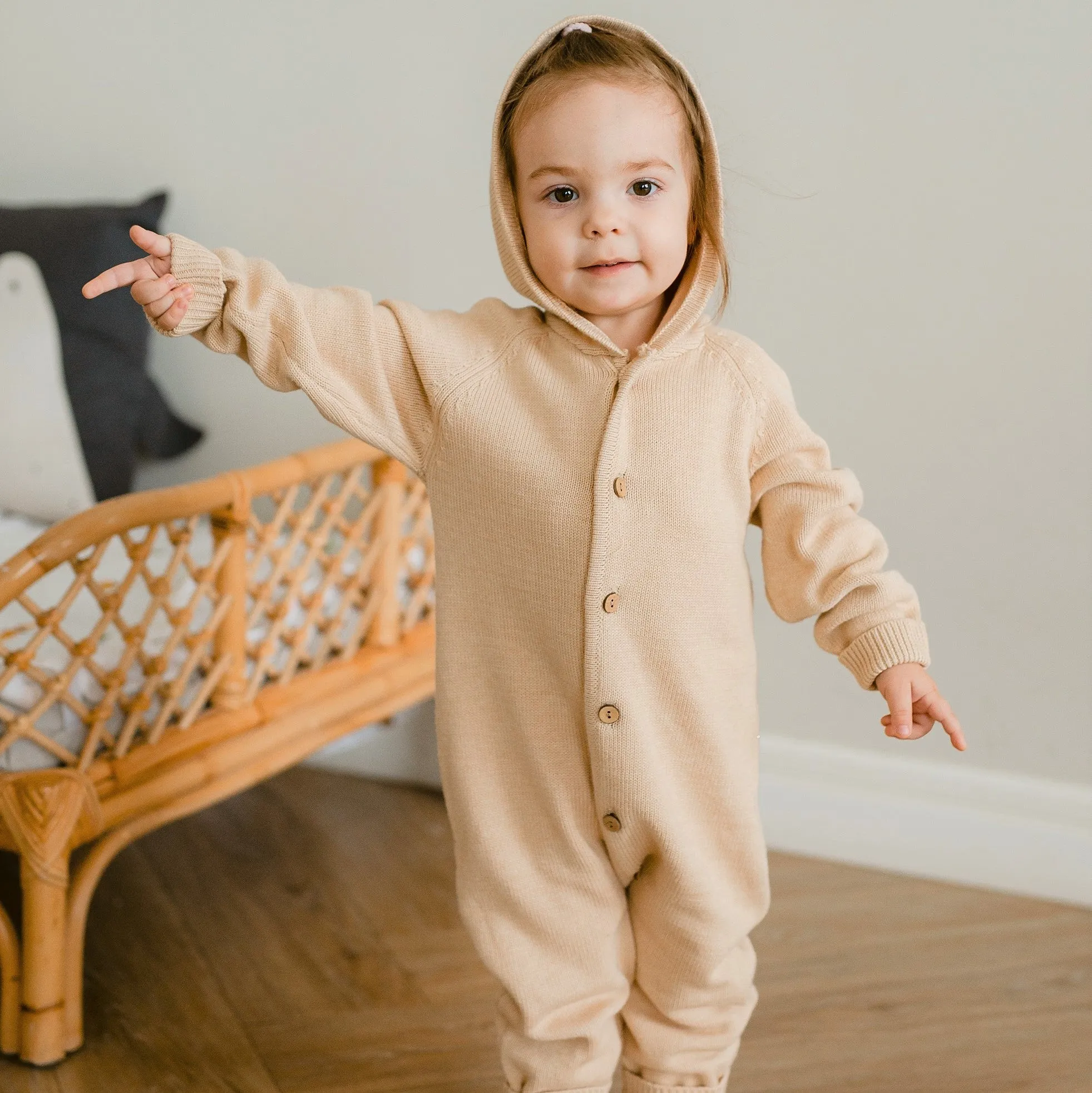 Organic Cotton Cableknit Baby Sweater Hooded Romper