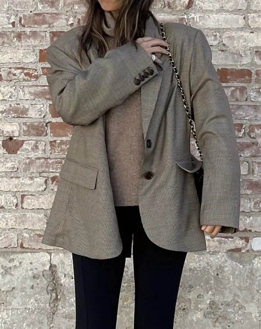 Oversized Houndstooth Wool Blazer in Chocolate Brown