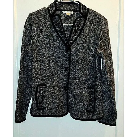 Pendleton Wool Grey Black Floral Embroidered Jacket Blazer Size S P