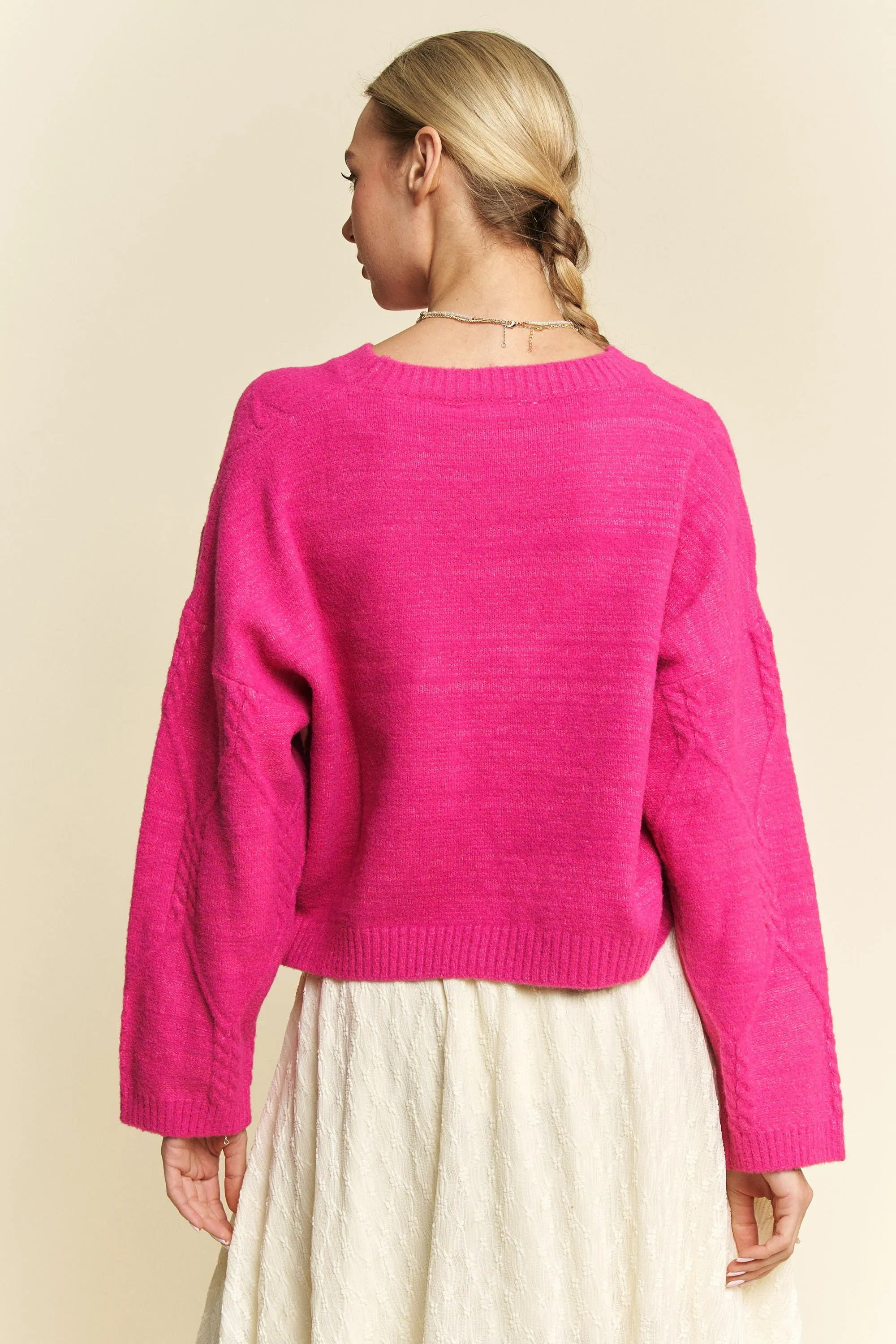 Pink Diamond Cable Pattern Drop Shoulder Sweater