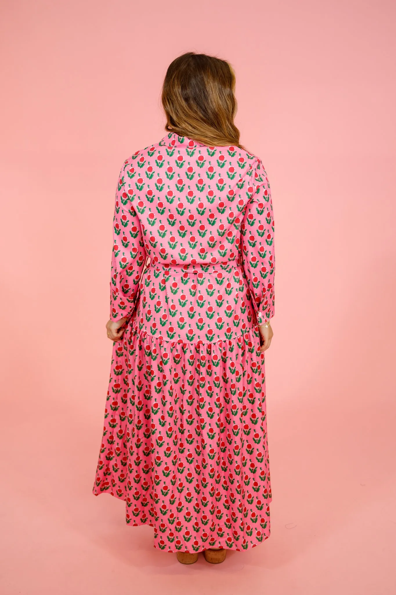 Pink Floral Button Down Midi Dress