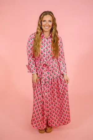 Pink Floral Button Down Midi Dress