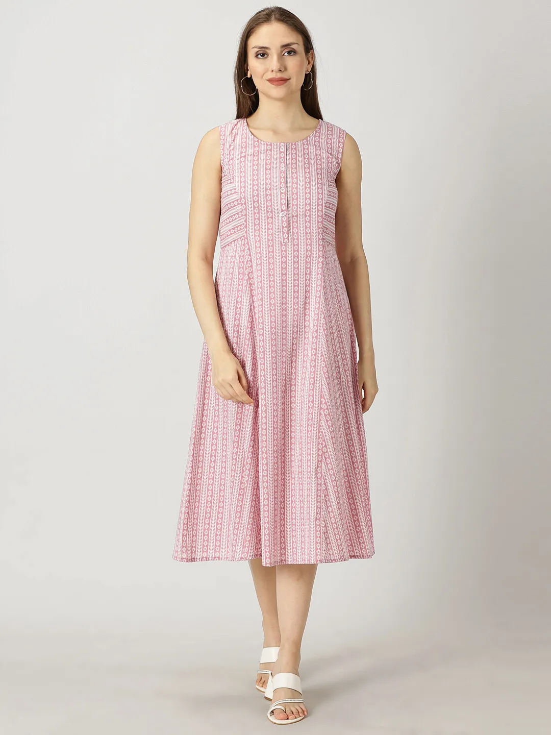 Pink Panelled Printed Cotton A-line Dress