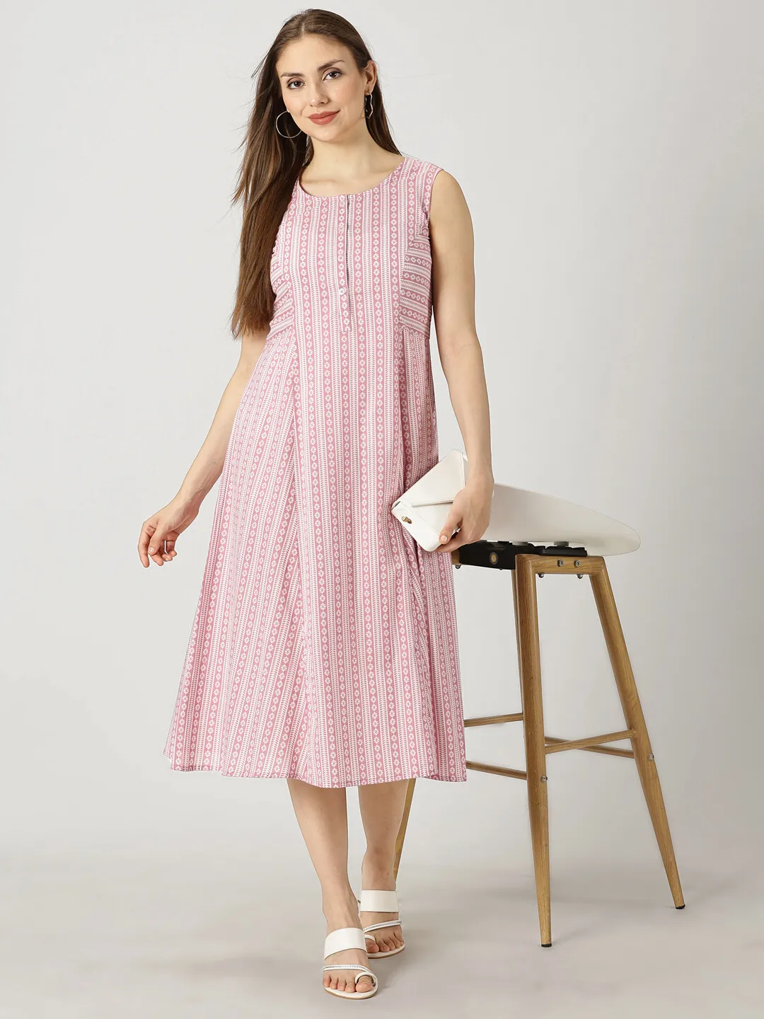Pink Panelled Printed Cotton A-line Dress