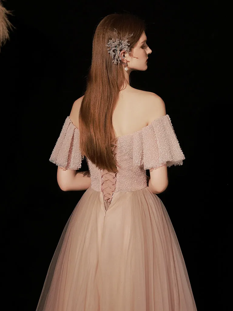 Pink Tulle A-Line Long Prom Dress, Pink Long Formal Dress