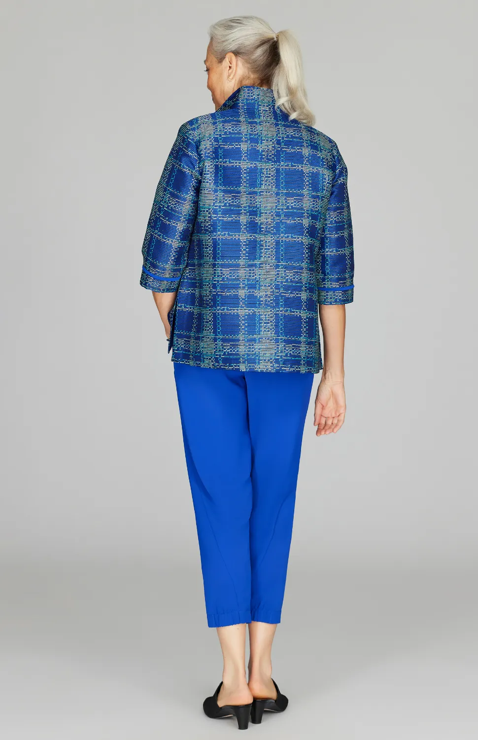 Plaid Jacquard Open Front High Neck Shirt Jacket w/ Bias