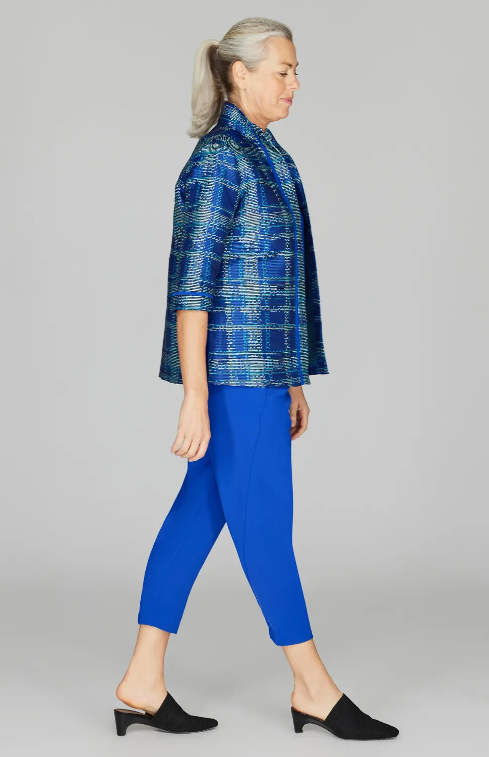 Plaid Jacquard Open Front High Neck Shirt Jacket w/ Bias