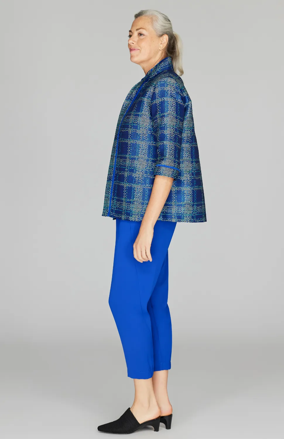 Plaid Jacquard Open Front High Neck Shirt Jacket w/ Bias