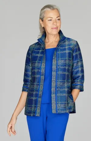 Plaid Jacquard Open Front High Neck Shirt Jacket w/ Bias
