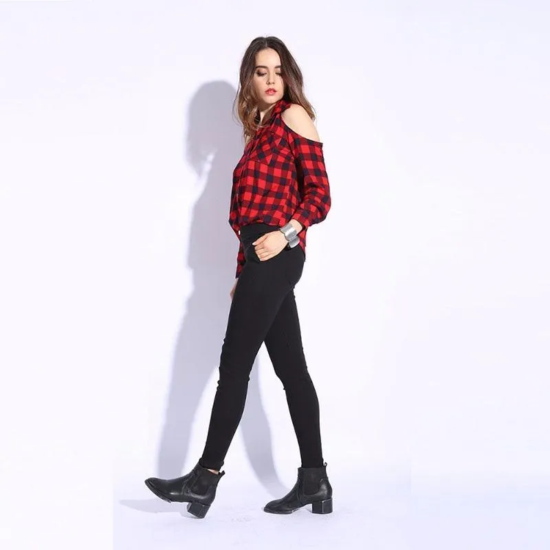 Plaid Off Shoulder Shirt