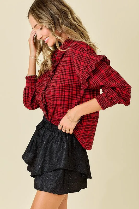 Plaid Shirt With Ruffles & Smocked Sleeve Cuffs