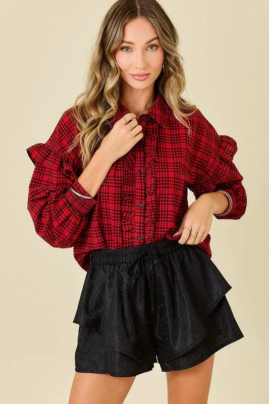 Plaid Shirt With Ruffles & Smocked Sleeve Cuffs