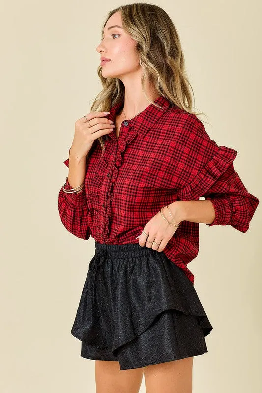 Plaid Shirt With Ruffles & Smocked Sleeve Cuffs