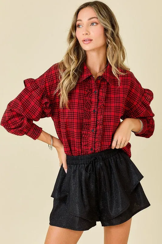 Plaid Shirt With Ruffles & Smocked Sleeve Cuffs