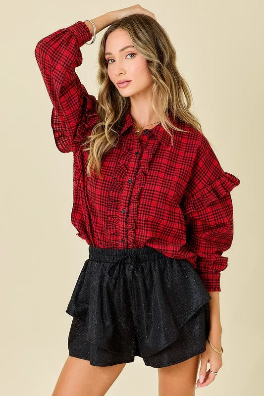 Plaid Shirt With Ruffles & Smocked Sleeve Cuffs
