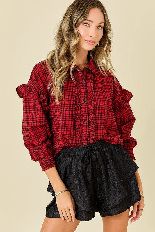 Plaid Shirt With Ruffles & Smocked Sleeve Cuffs