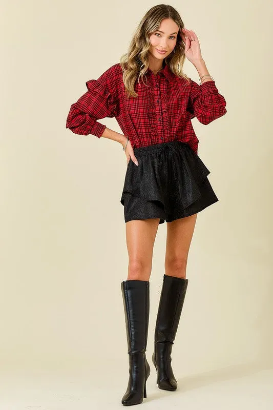 Plaid Shirt With Ruffles & Smocked Sleeve Cuffs