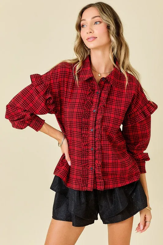 Plaid Shirt With Ruffles & Smocked Sleeve Cuffs
