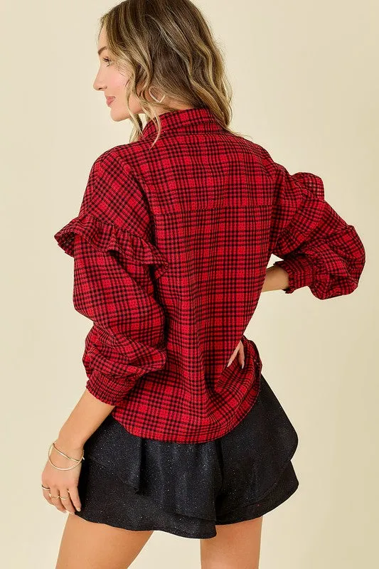 Plaid Shirt With Ruffles & Smocked Sleeve Cuffs