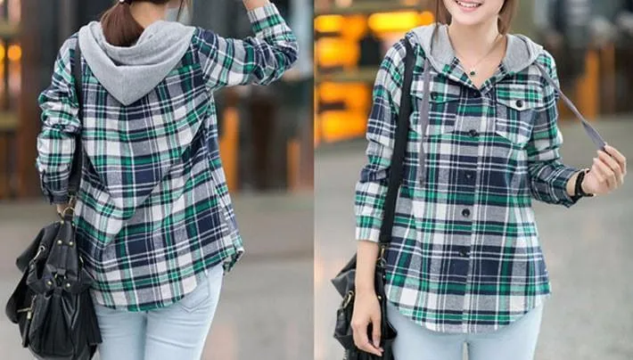 Plaid Zip-Up Hooded Shirt