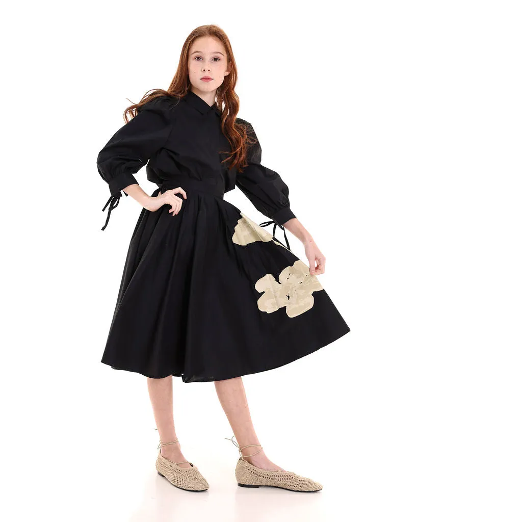 Pompomme Black Floral Print Shirt Dress