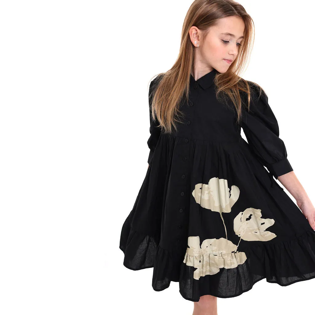 Pompomme Black Floral Print Shirt Dress