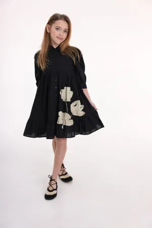 Pompomme Black Floral Print Shirt Dress