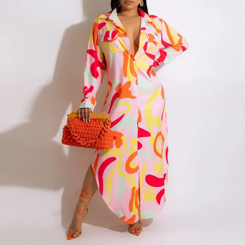 Print Long Sleeve Asymmetrical Maxi Shirt Dress