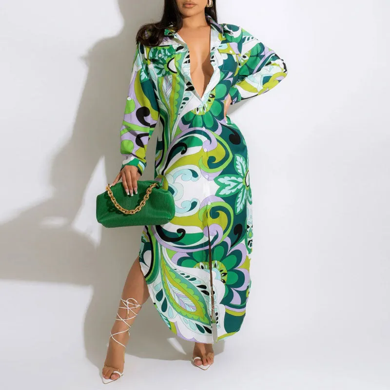 Print Long Sleeve Asymmetrical Maxi Shirt Dress