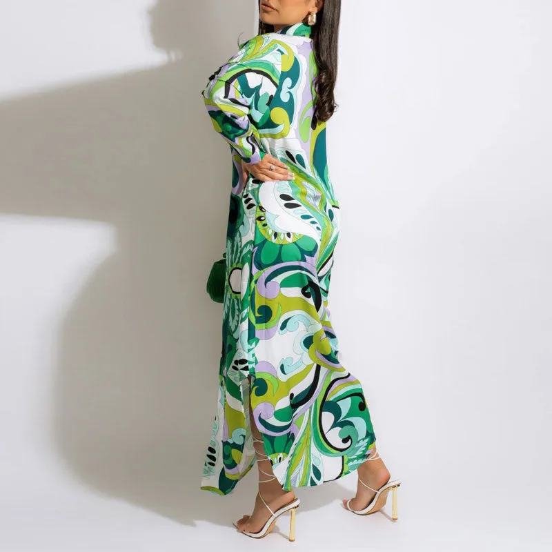 Print Long Sleeve Asymmetrical Maxi Shirt Dress