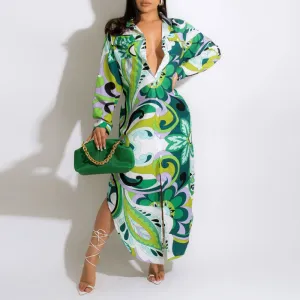 Print Long Sleeve Asymmetrical Maxi Shirt Dress
