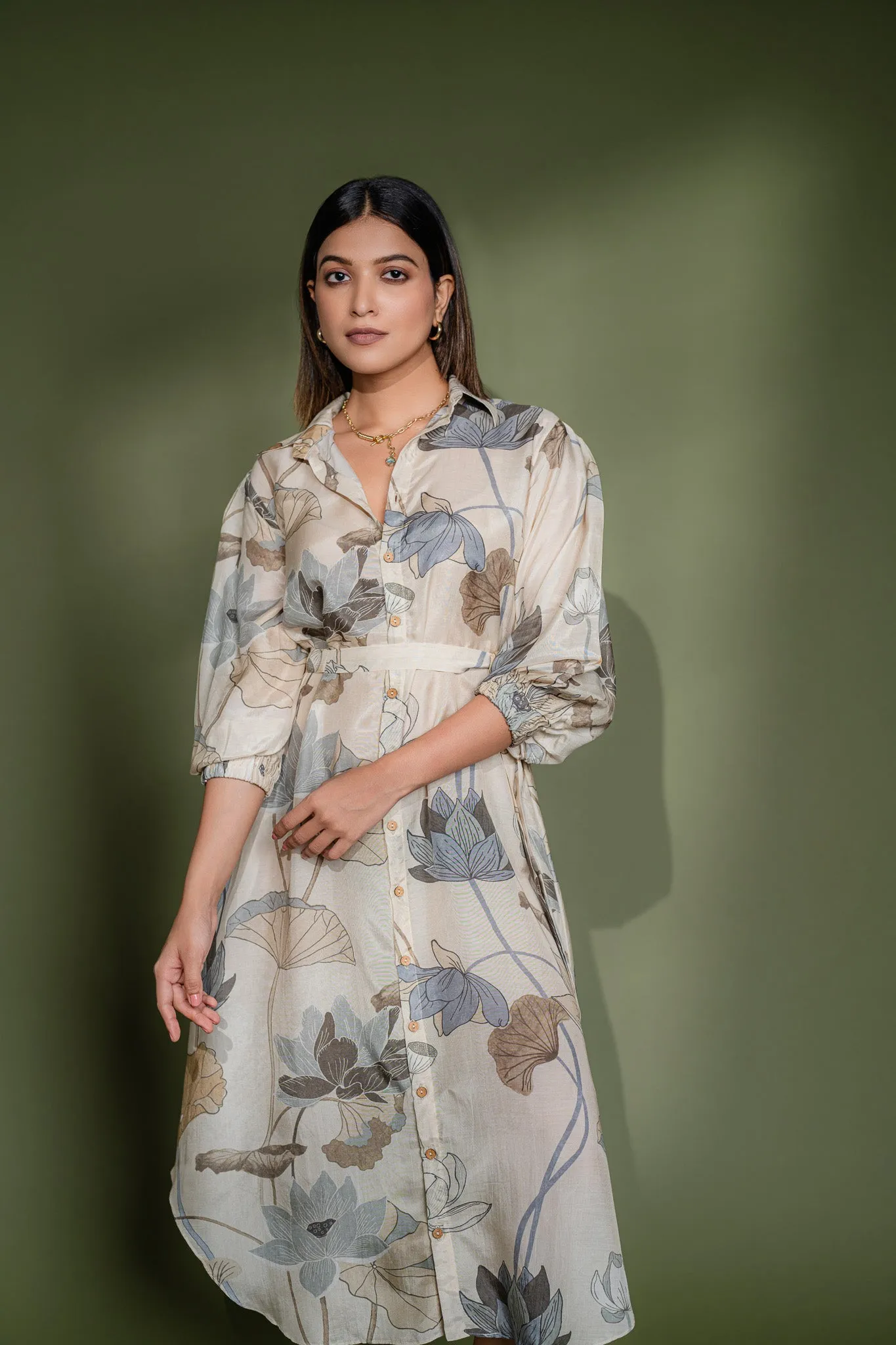 Printed Tie-belt shirt dress