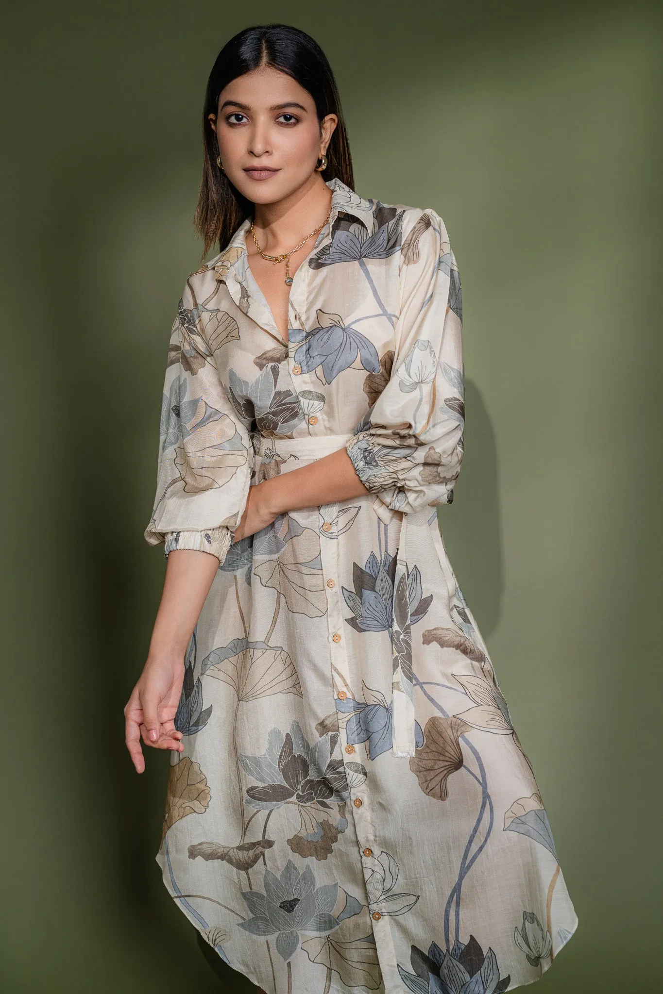 Printed Tie-belt shirt dress