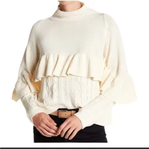 Project Naadam Mock Neck Ruffle Cable Knit  Sweater