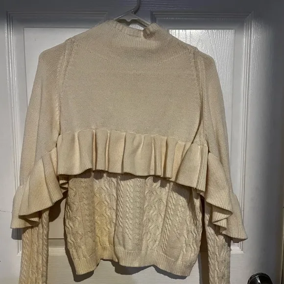 Project Naadam Mock Neck Ruffle Cable Knit  Sweater