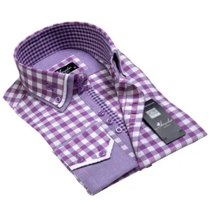 Purple White Checkers Mens Slim Fit Designer Dress Shirt - tailored Cotton Shirts for Work and