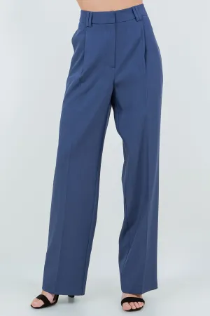 Que navy blue belted straight leg pant