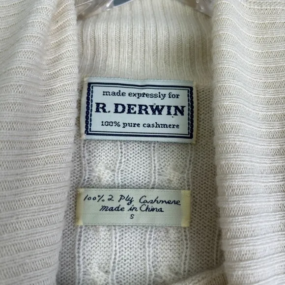 R. Derwin women's size S turtle neck cable knit sweater 2 ply cashmere ivory  Ge
