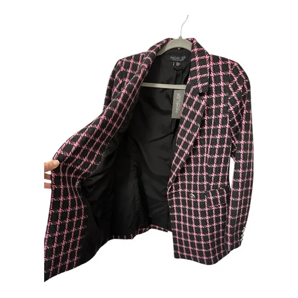 RACHEL ZOE | NWT Double Breasted Tweed Blazer Jacket in Black &amp; Pink, Size XS