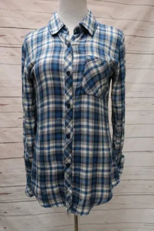 Rails Hunter Plaid Shirt Blue/White Rayon Size Extra Small Long Sleeve Shirt