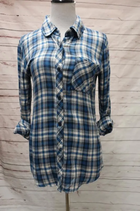 Rails Hunter Plaid Shirt Blue/White Rayon Size Extra Small Long Sleeve Shirt