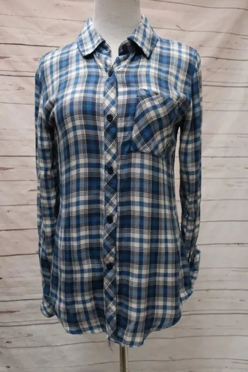 Rails Hunter Plaid Shirt Blue/White Rayon Size Extra Small Long Sleeve Shirt