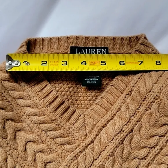 RALPH LAUREN Lauren Lambswool Blend Cable Knit Tan Poncho Sweater Fringe