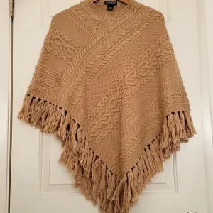 RALPH LAUREN Lauren Lambswool Blend Cable Knit Tan Poncho Sweater Fringe