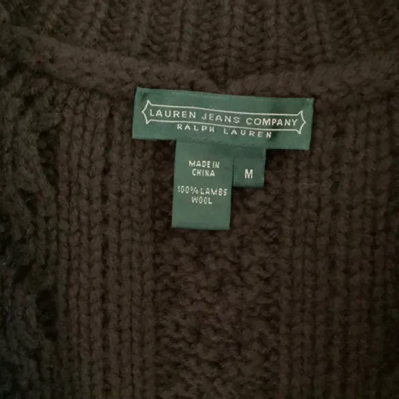 Ralph Lauren Sweater V Neck Vest Cable Knit Toggle Closure Brown Lambswool SZ M